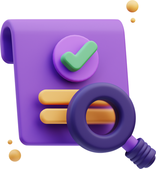 Magnifying glass with report Quality control, 3d Illustration